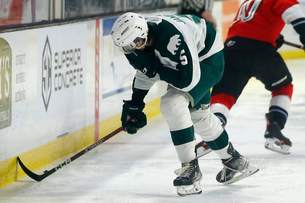Everett Silvertips defenseman Eric Jamieson reacts after getting hit in the face behind the play during game three of a playoff series against the Portland Winterhawks on Monday, April 3, 2023, at Angel of the Winds Arena in Everett, Washington. (Ryan Berry / The Herald)