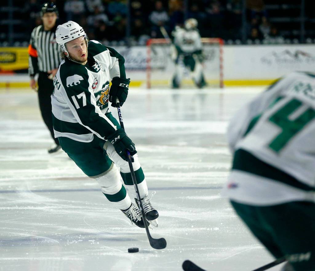 Everett Silvertips star forward Jackson Berezowski looks to create some offense during game three of a first round playoff series against the Portland Winterhawks on Monday, April 3, 2023, at Angel of the Winds Arena in Everett, Washington. (Ryan Berry / The Herald)