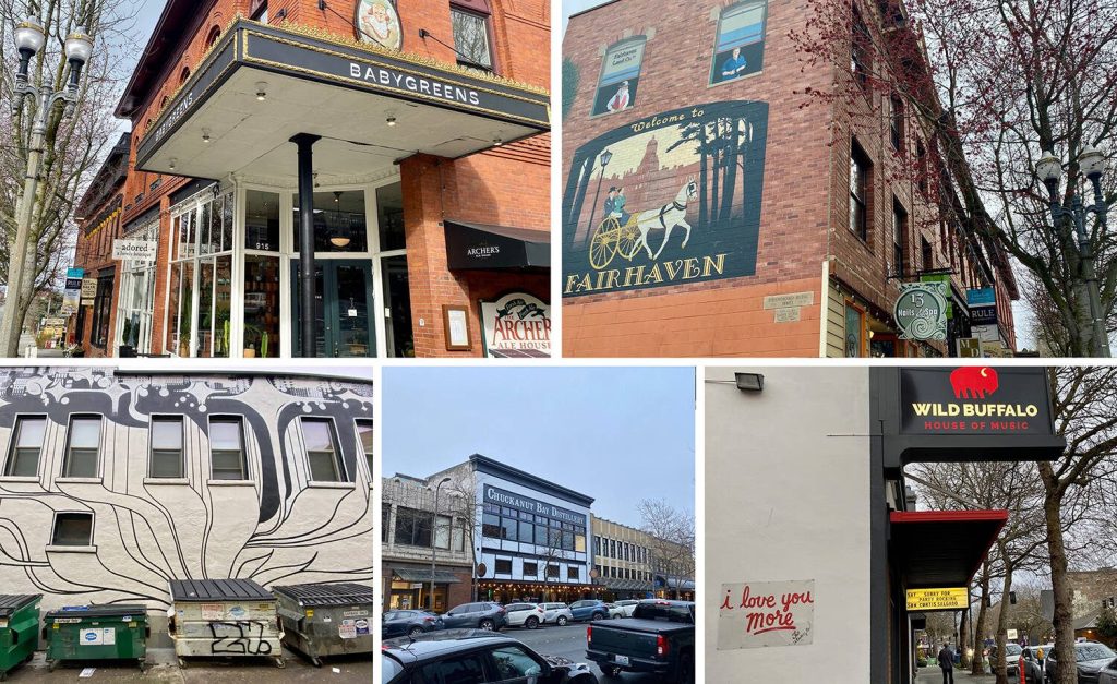 Art, boutiques and history in Fairhaven, WA (top) and Bellingham, WA (bottom). Amy Attas/West Coast Traveller photo.