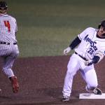 AquaSoxs Erik Stock (23) steals second during a game between the AquaSox and Everett Community College at Funko Field in Everett on Wednesday. (Annie Barker / The Herald)