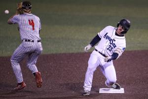 AquaSox’s Erik Stock (23) steals second during a game between the AquaSox and Everett Community College at Funko Field in Everett, Washington on Wednesday, April 5, 2023. The AquaSox won, 20-0. (Annie Barker / The Herald)