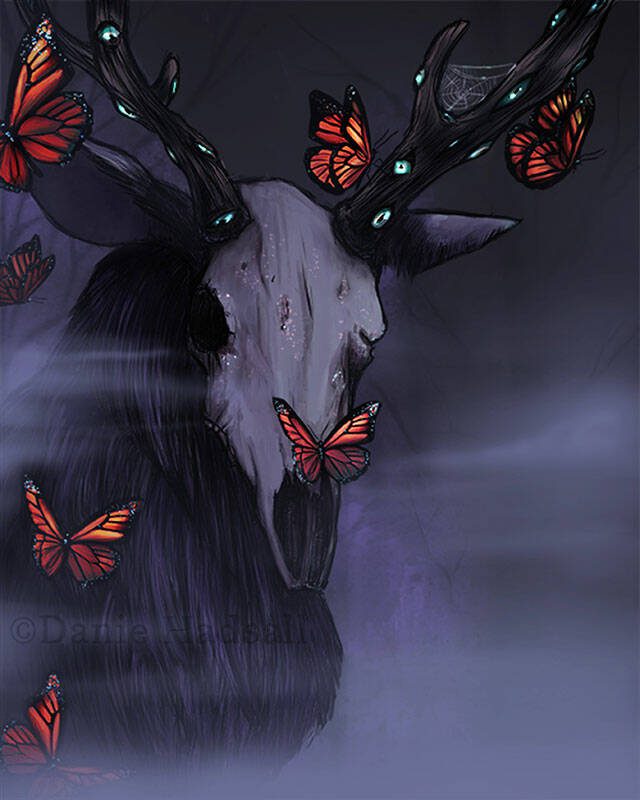 The Watcher is a creature with an elk skull for a face designed by Danie Hadsall. Its a monster meant to embody her anxieties.