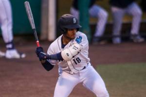 AquaSox’s Harry Ford (18) swings during a game between the AquaSox and Everett Community College at Funko Field in Everett, Washington on Wednesday, April 5, 2023. The AquaSox won, 20-0. (Annie Barker / The Herald)