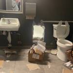 Bandits reportedly cut a hole through Seattle Coffee Gear's bathroom wall to access the Alderwood mall Apple store, on Sunday, April 2, 2023, in Lynnwood, Washington. (Photo courtesy Mike Atkinson)