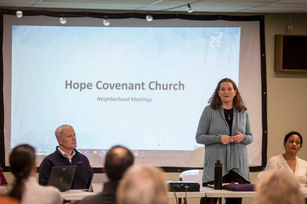 District 2 Councilmember Megan Dunn speaks at Hope Church in Everett, Washington on Wednesday, April 5, 2023. The church will potentially be converted to a low barrier homeless shelter. (Annie Barker / The Herald)