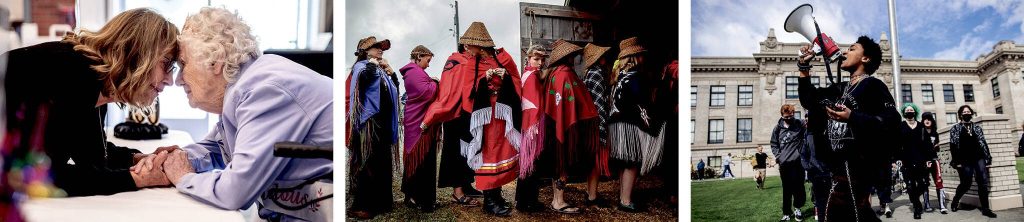 Three more of Olivia Vannis favorite photos (from left): Beverly LaBruyere holds the hands of Ferne Violet Berg Ullestad during Fernes 100th birthday celebration in Marysville. Dancers wait to enter the longhouse for the Salmon Ceremony in Tulalip. Everett High School student Soren Dellaguardia leads a walkout to protest rape culture in schools.
