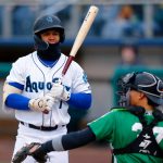 AquaSox outfielder Jonatan Clase makes a face at a pitch he didnt like during the season opener against the Eugene Emeralds on Friday, April 7, 2023, at Funko Field in Everett, Washington. (Ryan Berry / The Herald)