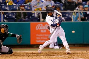 Top Mariners prospect Harry Ford knocks his first hit as an AquaSox during the season opener against the Eugene Emeralds on Friday, April 7, 2023, at Funko Field in Everett, Washington. (Ryan Berry / The Herald)