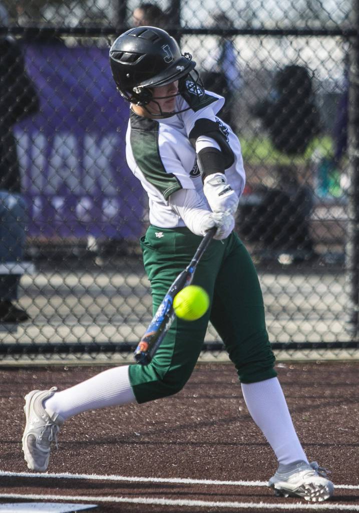 Rachel Sysum hits a home run during the game against Kamiak on Tuesday, April 11, 2023 in Everett, Washington. (Olivia Vanni / The Herald)