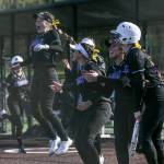 The Kamiak dugout reacts to their teammate hitting a home run during the game against Jackson on Tuesday, April 11, 2023 in Everett, Washington. (Olivia Vanni / The Herald)