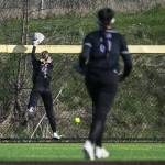 A ball hits off the fence during the game on Tuesday, April 11, 2023 in Everett, Washington. (Olivia Vanni / The Herald)