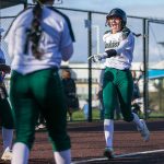 Macie Dean runs into home to score a run during the game against Kamiak on Tuesday, April 11, 2023 in Everett, Washington. (Olivia Vanni / The Herald)