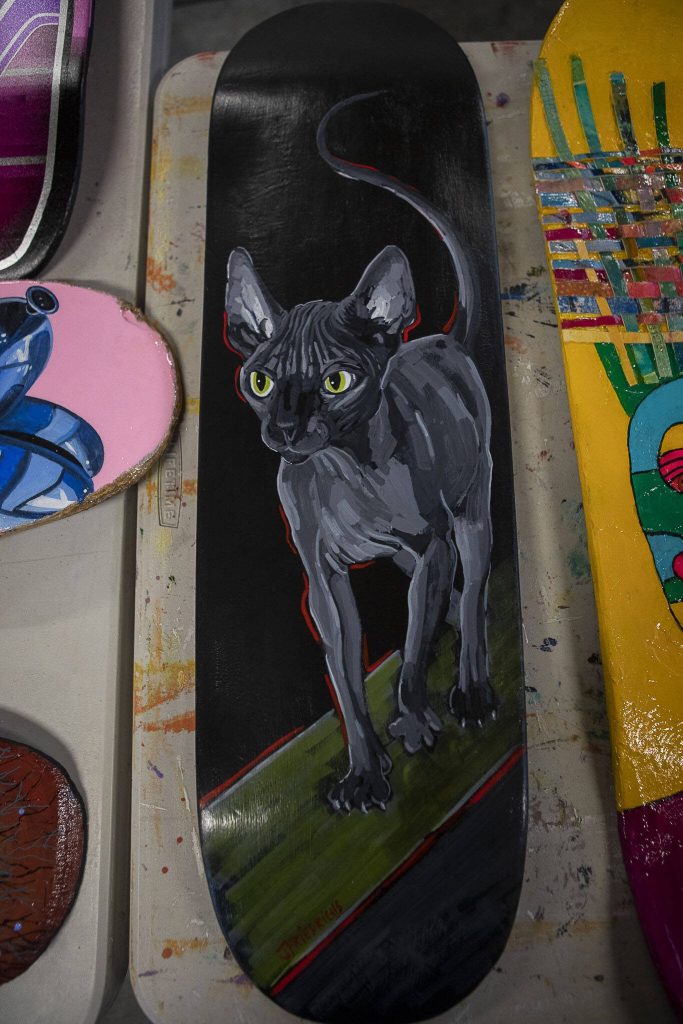 A skateboard by artist Johanne Friedrichs at Graphite Arts Center in Edmonds, Washington on Saturday, April 15, 2023. A silent auction of skateboard art will be held to raise money to kick-start Riveras new nonprofit, Salvage Arts. (Annie Barker / The Herald)