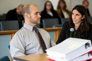 Steven Eggers listens while his attorney speaks about his traumatic childhood during his resentencing hearing at the Snohomish County Courthouse on Monday, April 17, 2023 in Everett, Washington. (Olivia Vanni / The Herald)