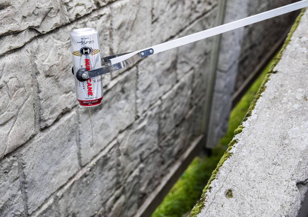 A volunteer dumps out a can during Litter League pick up on Tuesday, April 18, 2023, in Marysville, Washington. (Olivia Vanni / The Herald)