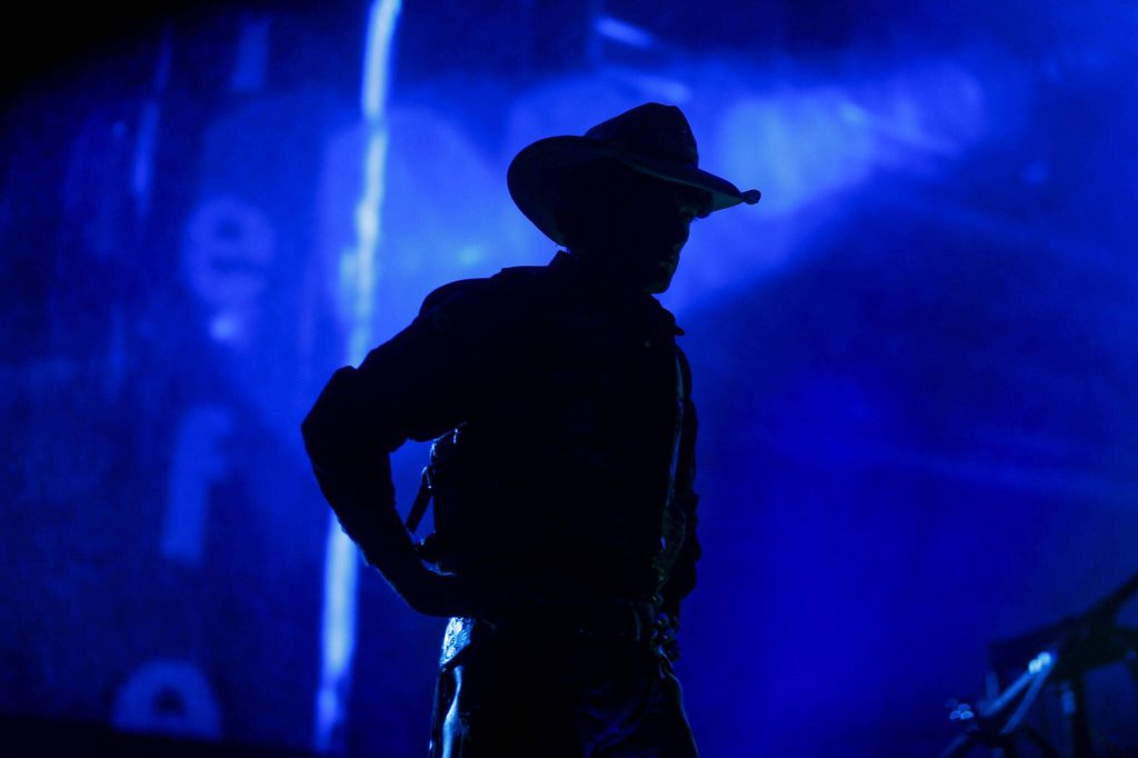 Braidy Randolph enters the arena during Unleash The Beast at Angel of the Winds Arena in Everett, Washington on Thursday, April 20, 2023. (Annie Barker / The Herald)