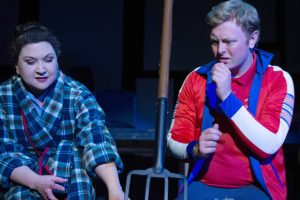 Christopher_Neighbor_Dog: Christopher (Jordan Mielbrecht) and his neighbor (Ingrid Sanai Buron) discover her dog Wellington has been murdered in Red Curtain’s production of “The Curious Incident of the Dog in the Night-Time,” running April 14-30 in Marysville. (Kenny Randall)