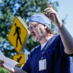 Trevor Gjendem addresses a gathering a hospital staff members, supporters and elected officials Wednesday afternoon in Everett, Washington on August 24, 2022.  (Kevin Clark / The Herald)