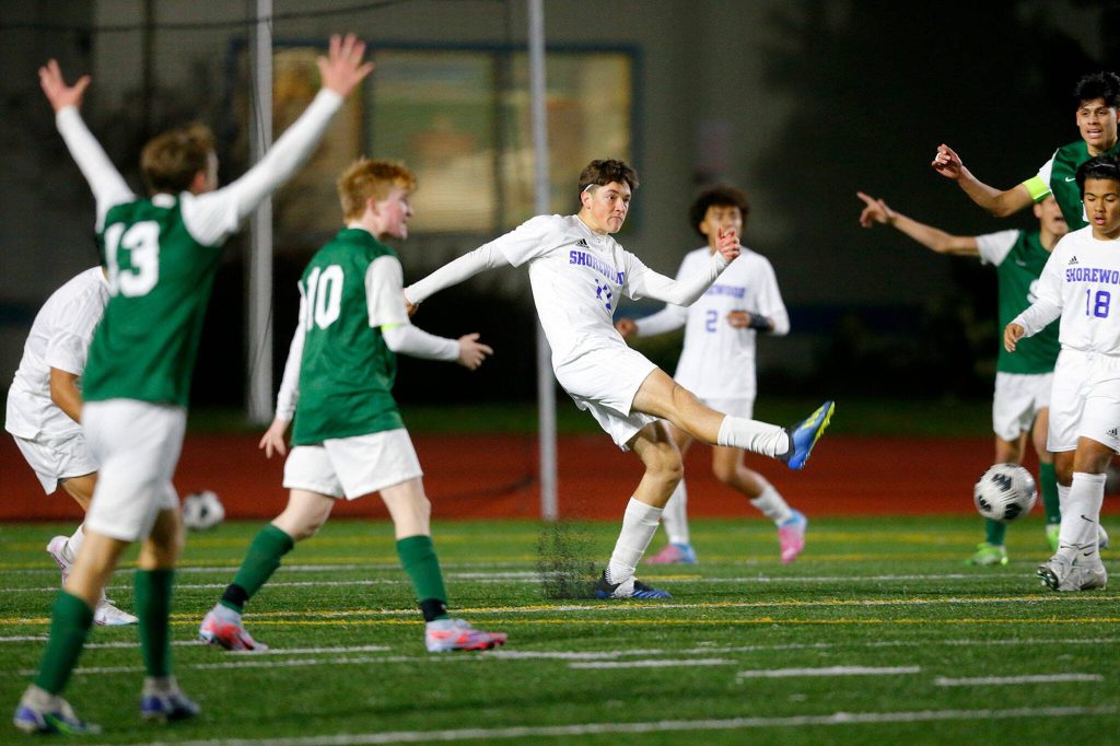 Edmonds-Woodway players plead for a penalty kick  and get one  against Shorewood on Friday, April 21, 2023, at Edmonds Stadium in Edmonds, Washington. (Ryan Berry / The Herald)