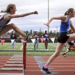 Runners race in the girls 100m finals during the Eason Invitational at Veterans Memorial Stadium in Snohomish, Washington on Saturday, April 22, 2023. (Annie Barker / The Herald)