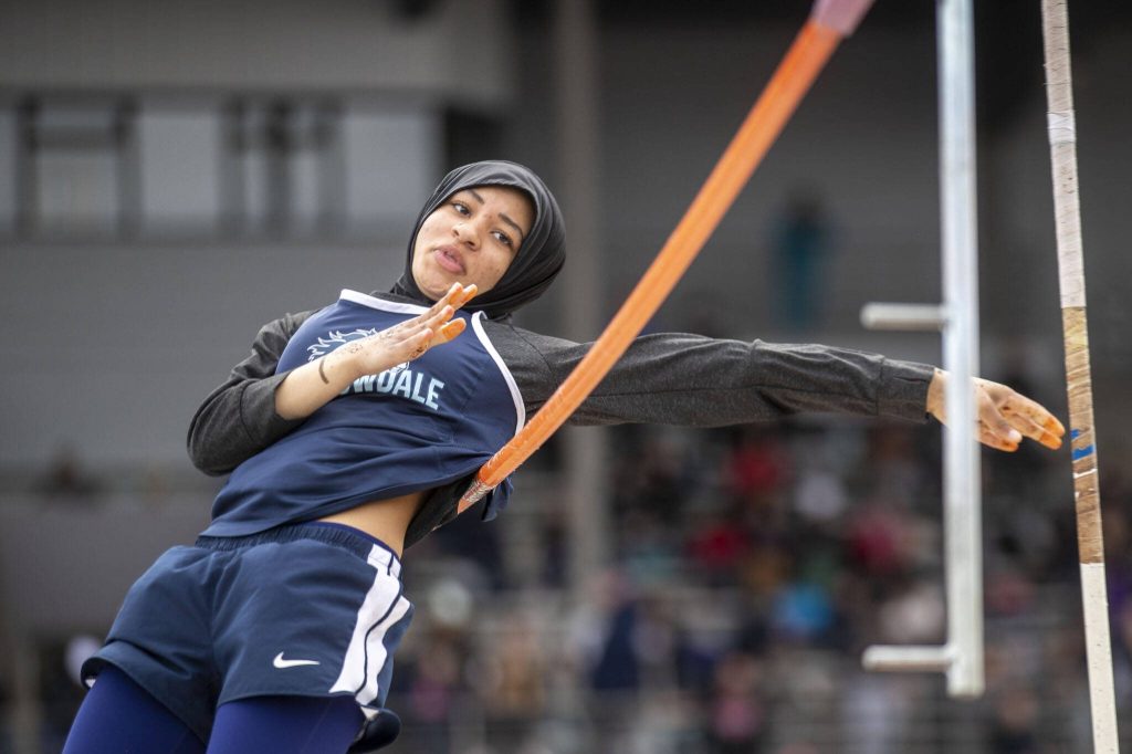 A Meadowdale athlete performs the pole vault during the Eason Invitational at Veterans Memorial Stadium in Snohomish, Washington on Saturday, April 22, 2023. (Annie Barker / The Herald)
