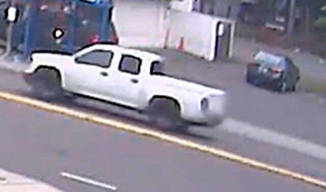 A 13-year-old Edmonds boy was injured in a shooting Saturday night in Edmonds. Police were looking for the suspect seen in a white Chevrolet Colorado pickup truck. (Courtesy of the Edmonds Police Department)
