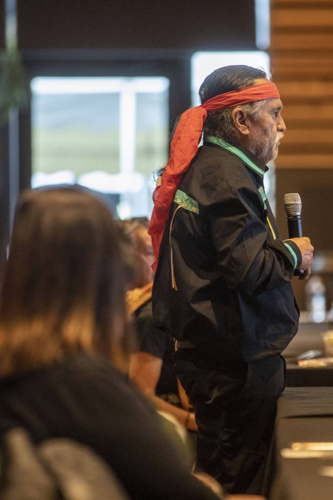 Boarding school survivor Jewell James speaks about his experience during a Road to Healing event at the Tulalip Gathering Hall in Marysville, Washington on Sunday, April 23, 2023. The tour is lead by United States Secretary of the Interior Deb Haaland and Department of the Interior Assistant Secretary Bryan Newland. (Annie Barker / The Herald)