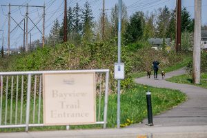 William Gamboa runs with his dogs along Bayview Trail on Thursday, April 27, 2023 in Marysville, Washington. (Olivia Vanni / The Herald)