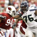 Arizona Cardinals' Sam Acho (94) tries to get past Seattle Seahawks' Russell Okung (76) during an NFL football game Sunday, Sept. 9, 2012, in Glendale, Ariz. The Cardinals defeated the Seahawks 20-16. (AP Photo/Ross D. Franklin)