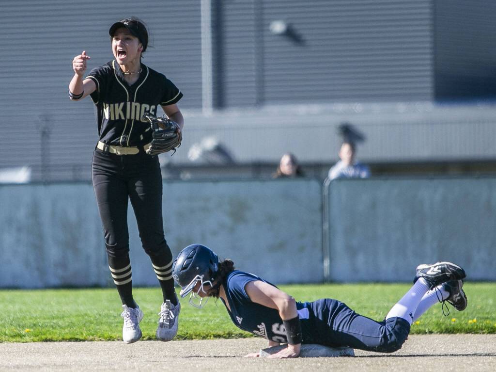 Lake Stevens Haylee Kim reacts to an out at third during the game against Glacier Peak on Tuesday, April 25, 2023 in Lake Stevens, Washington. (Olivia Vanni / The Herald)