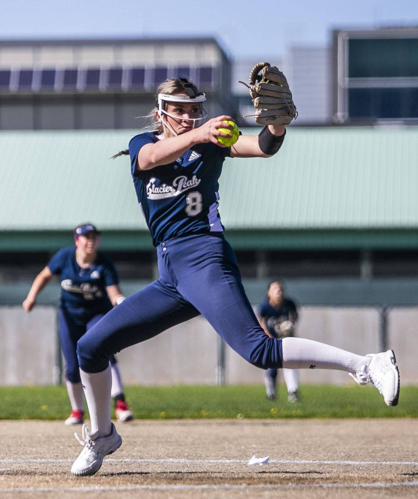 Glacier Peaks Faith Jordan pitches during the game against Lake Stevens on Tuesday, April 25, 2023 in Lake Stevens, Washington. (Olivia Vanni / The Herald)