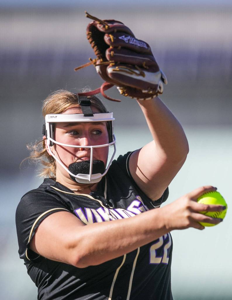 Lake Stevens Mara Sivley pitches during the game against Glacier Peak on Tuesday, April 25, 2023 in Lake Stevens, Washington. (Olivia Vanni / The Herald)