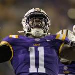 LSU defensive end Ali Gaye, an Edmonds-Woodway graduate, celebrates a sack during a game against New Mexico on Sept. 24, 2022, in New Orleans. (AP Photo/Matthew Hinton)