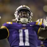 LSU defensive end Ali Gaye (11) celebrates a sack during an NCAA football game against New Mexico on Saturday, Sept. 24, 2022, in New Orleans. (AP Photo/Matthew Hinton)