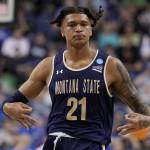Montana State guard RaeQuan Battle, a Marysville Pilchuck alum, celebrates after scoring against Kansas State during a first-round NCAA Tournament game on March 17, 2023, in Greensboro, N.C. (AP Photo/Chris Carlson)