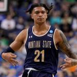 Montana State guard RaeQuan Battle celebrates after scoring against Kansas State during the first half of a first-round college basketball game in the NCAA Tournament on Friday, March 17, 2023, in Greensboro, N.C. (AP Photo/Chris Carlson)