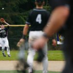 Jacksons Matt Dickert catches a pop fly to center against Lake Stevens on Wednesday, April 26, 2023, in Lake Stevens, Washington. (Ryan Berry / The Herald)
