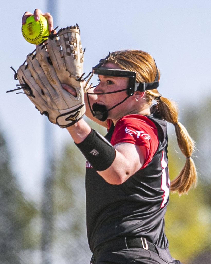Snohomishs Skyla Bristol pitches during the game against Cascade on Friday, April 28, 2023 in Snohomish, Washington. (Olivia Vanni / The Herald)