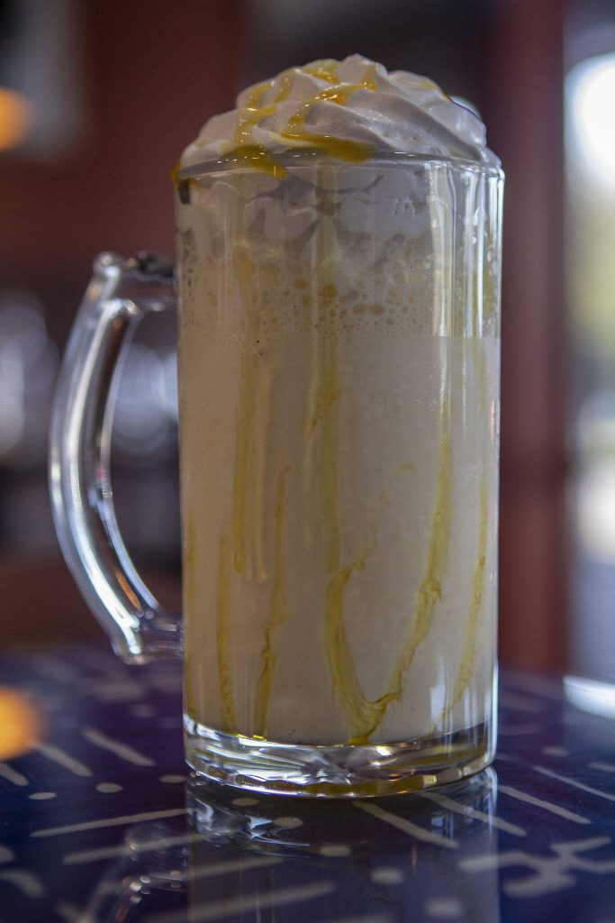 A mango shake at Hadiani African Restaurant in Mountlake Terrace, Washington on Thursday, April 27, 2023. (Annie Barker / The Herald)