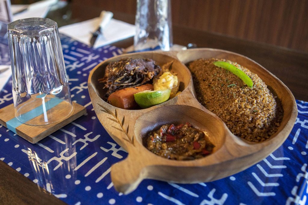 Thieboudienne at Hadiani African Restaurant in Mountlake Terrace, Washington on Thursday, April 27, 2023. (Annie Barker / The Herald)