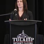 Opportunity Lives Here Award winner Workforce Snohomish and director, Joy Emory speaks after receiving her award on Wednesday, April 26, 2023 in Marysville, Washington. (Olivia Vanni / The Herald)
