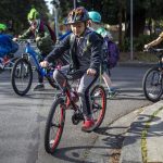 Students participate in Bike to School Day at Sherwood Elementary School in Edmonds on Wednesday. (Annie Barker / The Herald)