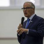 Washington Gov. Jay Inslee speaks during an event for Alaska Airlines and ZeroAvia to discuss their new collaboration in Everett, Washington on Monday, May 1, 2023. ZeroAvia is developing a hydrogen electric propulsion system for aircraft. (Annie Barker / The Herald)