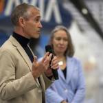 ZeroAvia CEO Val Miftakhov speaks during an event for Alaska Airlines and ZeroAvia to discuss their new collaboration in Everett, Washington on Monday, May 1, 2023. ZeroAvia is developing a hydrogen electric propulsion system for aircraft. (Annie Barker / The Herald)