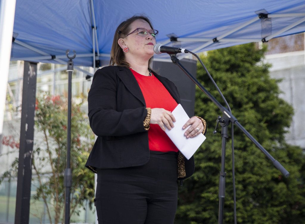 Everett City Council member Liz Vogeli speaks at the rally before the city council vote on the no sit, no lie expansion on Wednesday, May 3, 2023 in Everett, Washington. (Olivia Vanni / The Herald)