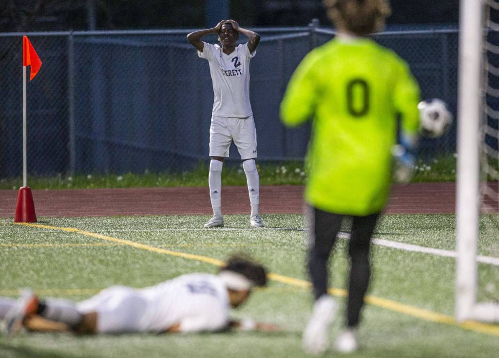 Everetts Abdala Hassani reacts to a missed goal by a teammate during the game against Edmonds-Woodway on Monday, May 1, 2023 in Edmonds, Washington. (Olivia Vanni / The Herald)