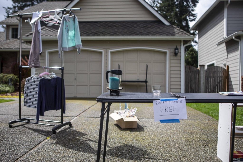 A garage sale in Mill Creek, Washington on Saturday, May 6, 2023. (Annie Barker / The Herald)