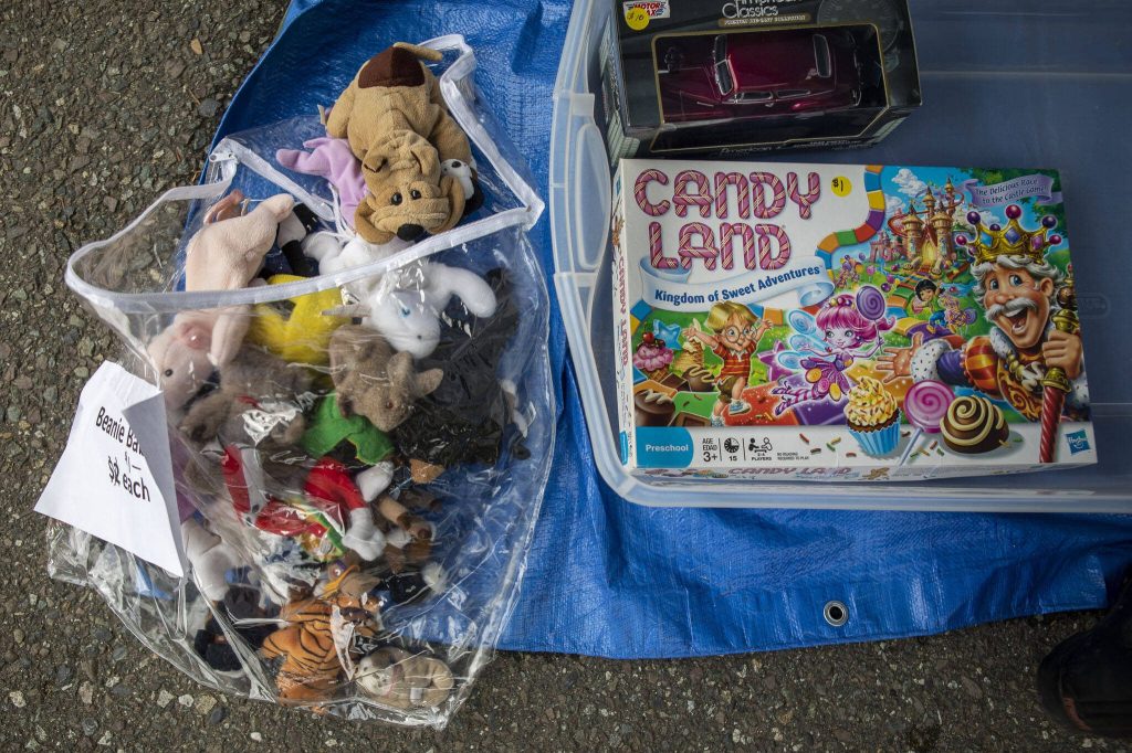 Items from a garage sale in Mill Creek, Washington on Saturday, May 6, 2023. (Annie Barker / The Herald)