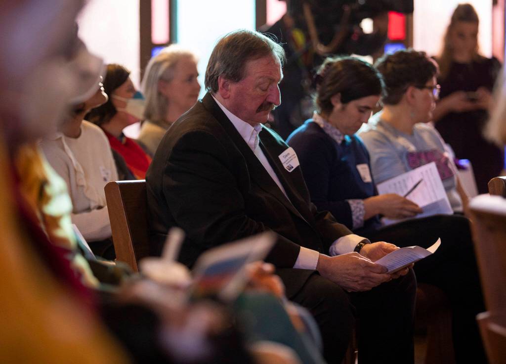 Snohomish County Executive Dave Somers attends the vigil at Edmonds United Methodist Church on Tuesday, May 2, 2023 in Edmonds, Washington. (Olivia Vanni / The Herald)
