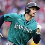 Seattle Mariners' Jarred Kelenic plays during a baseball game, Thursday, April 27, 2023, in Philadelphia. (AP Photo/Matt Slocum)